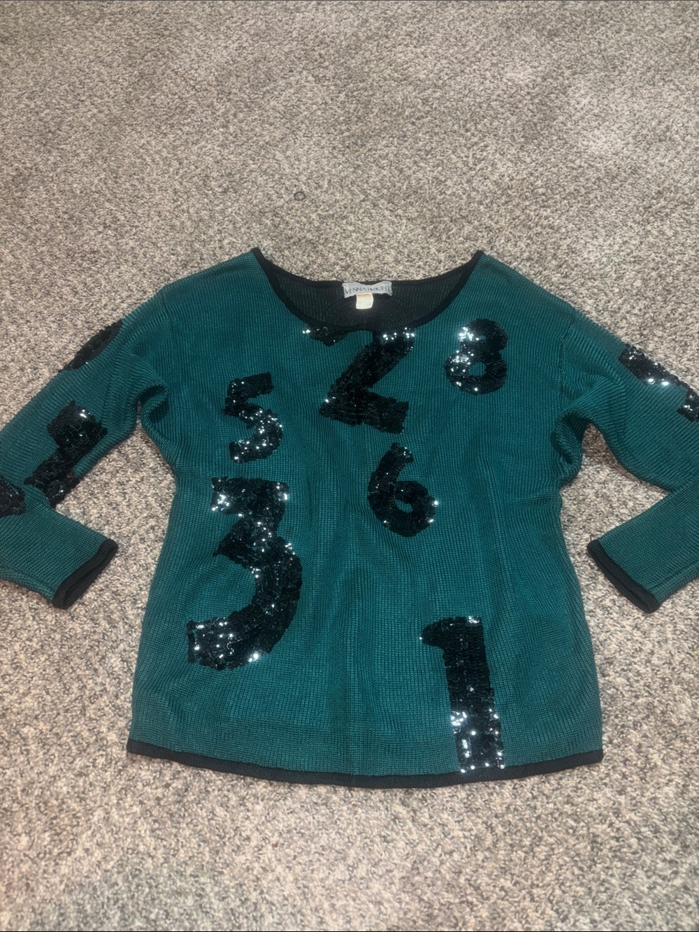 Vesna Bricelj Women's Teal Scoop-Neck Sequin Number Sweater